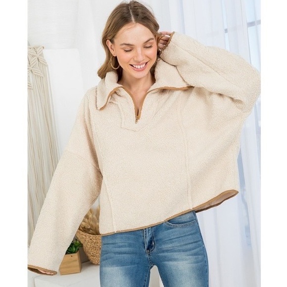 CREAM CONTRAST SHEARLING STYLE OVERSIZED ZIP UP PULLOVER SWEATER - Picture 1 of 12